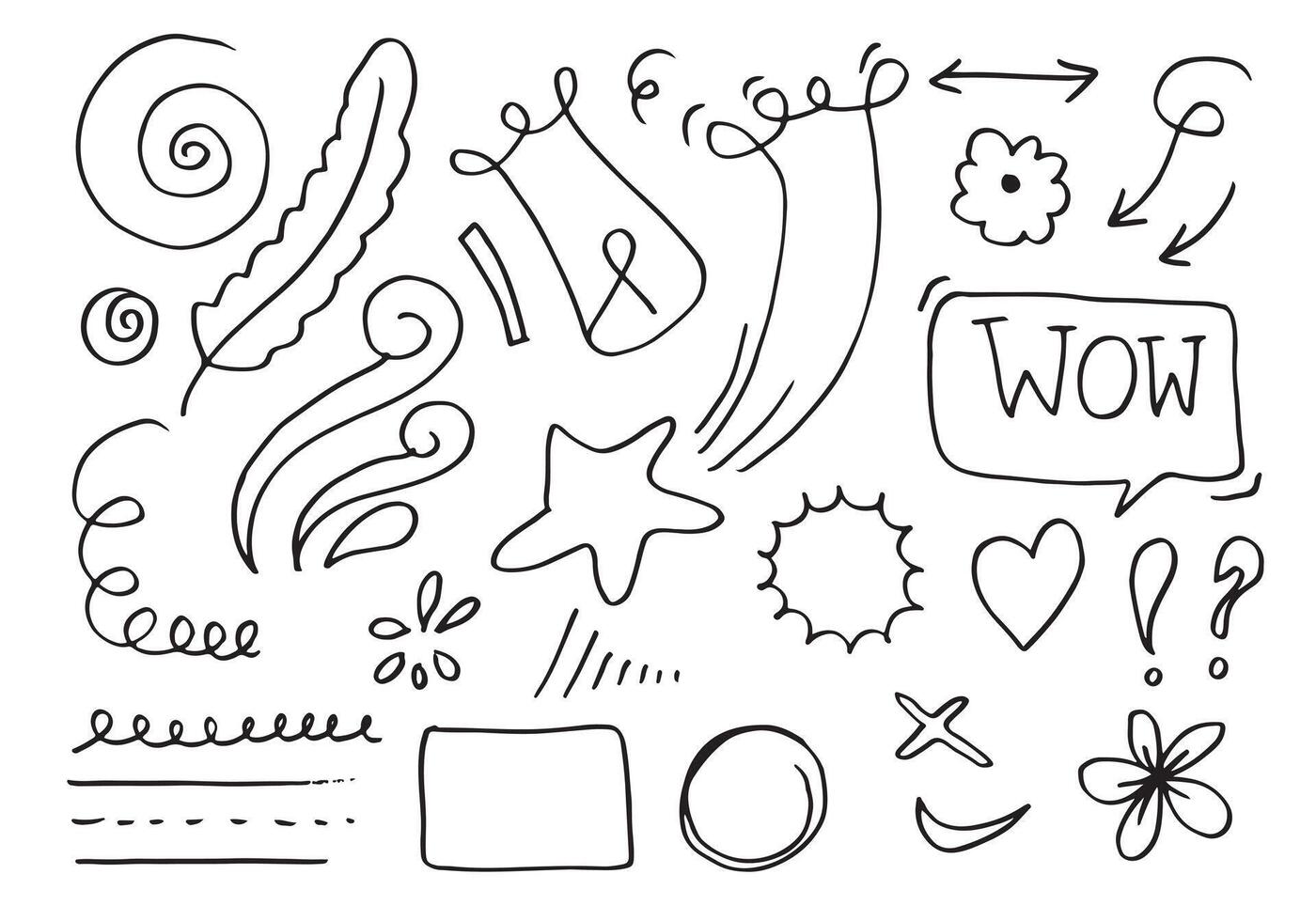 Hand drawn doodle design elements, black on white background. wind, swoops, emphasis, Arrow, crown, line. doodle sketch design elements. vector