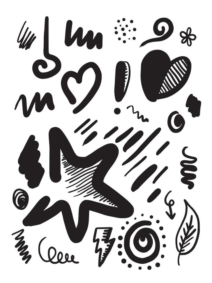 star, hearts, abstract, leaves, arrows and other elements in hand drawn styles for concept designs. Doodle illustration. Vector template for decoration