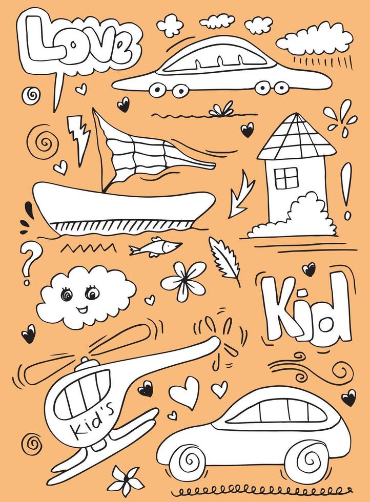 hand-drawn kids doodle set on yellow background. vector