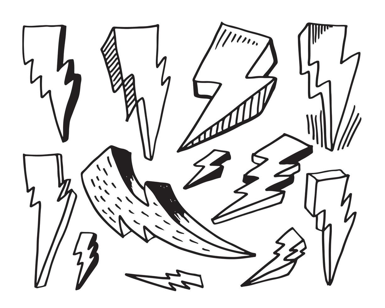 set of hand drawn vector doodle electric lightning bolt symbol sketch illustrations. thunder symbol doodle icon.