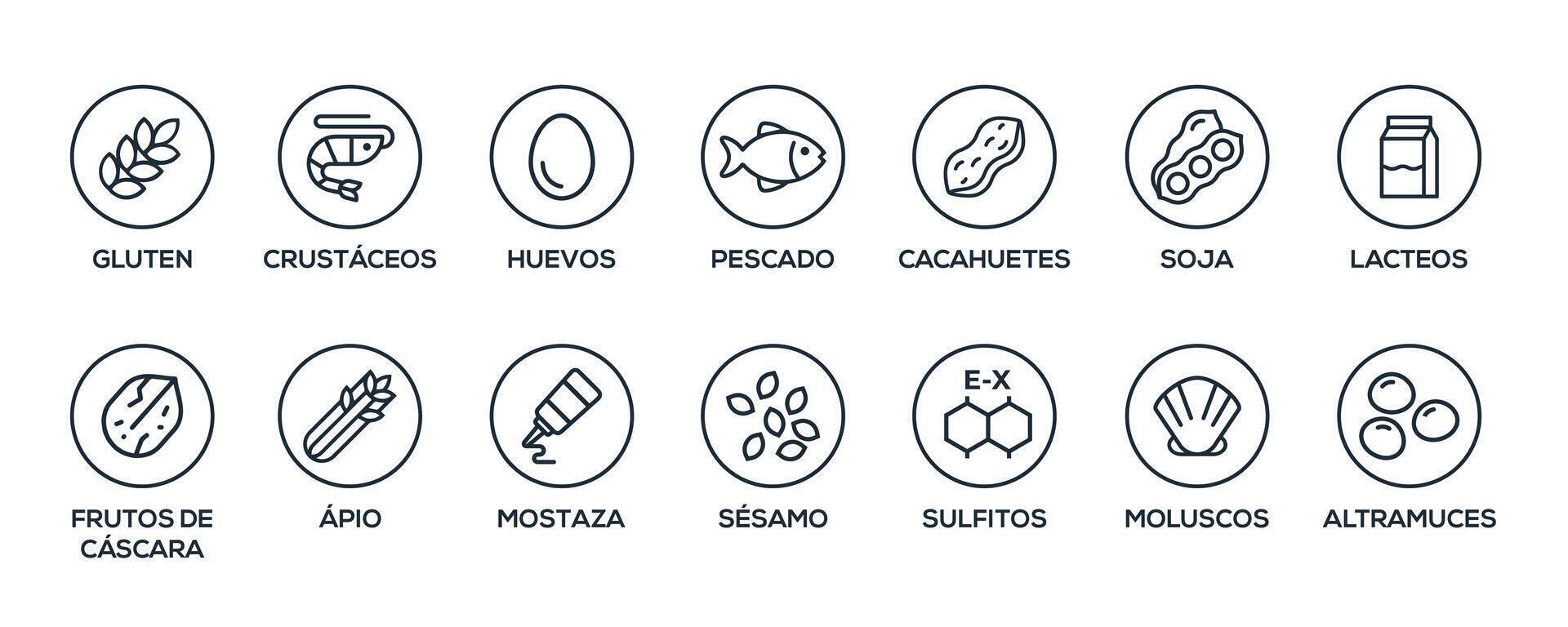 Simple Isolated Vector Logo Set Badge Ingredient Warning Label. Black and white Allergens icons. Food Intolerance. The 14 allergens required to declare written in spanish