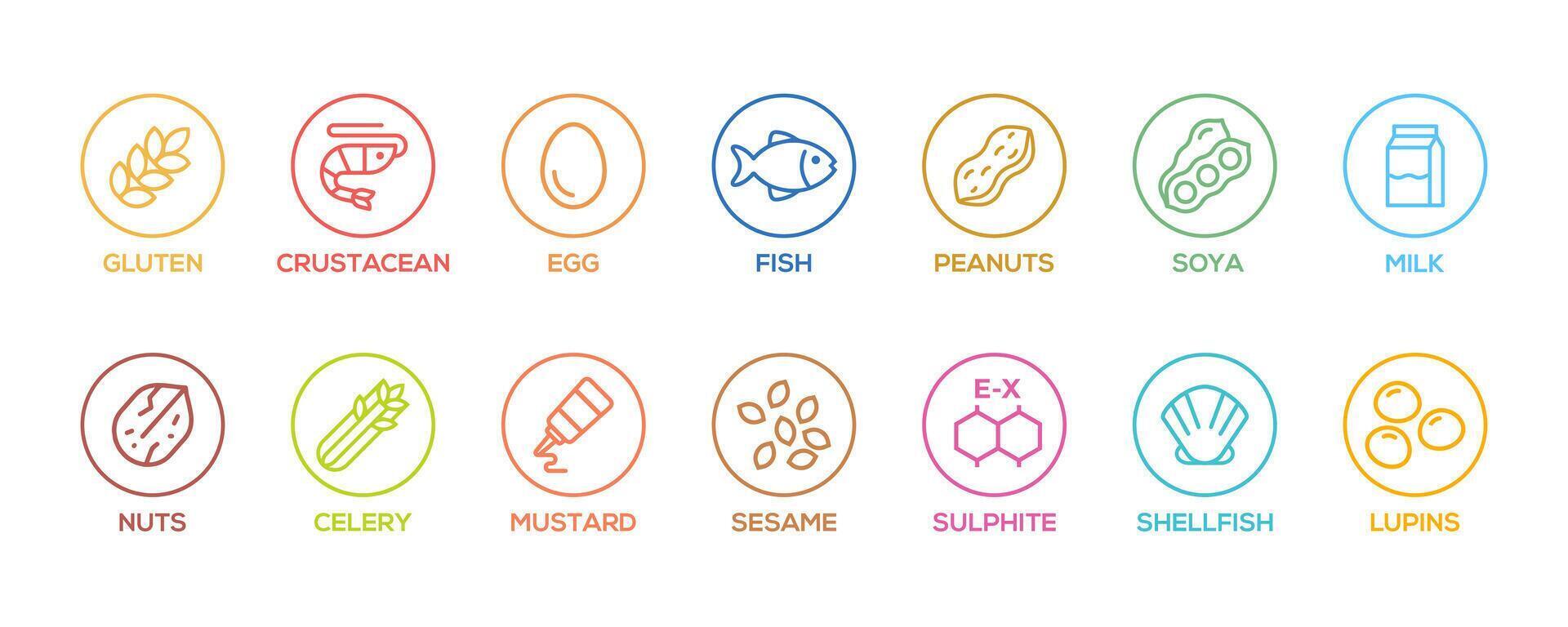 Simple Isolated Vector Logo Set Badge Ingredient Warning Label. Colorful Allergens icons. Food Intolerance. The 14 allergens required to declare written in english