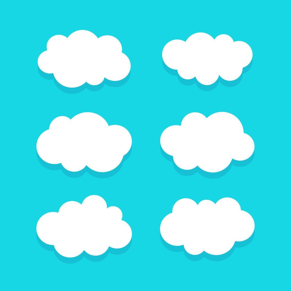 White Cartoon Clouds With Shadow On Blue Sky Background Vector Illustration Set