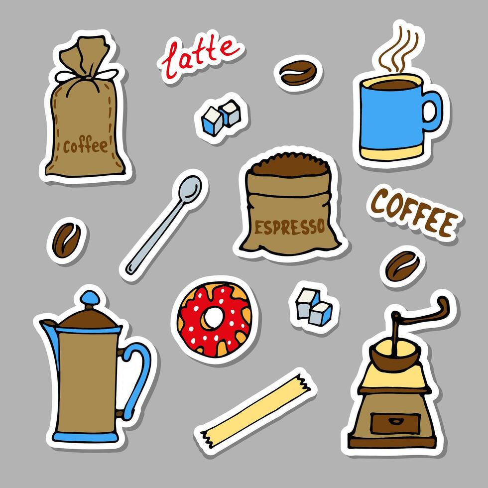 Vector set of colored stickers with images of coffee and coffee utensils.