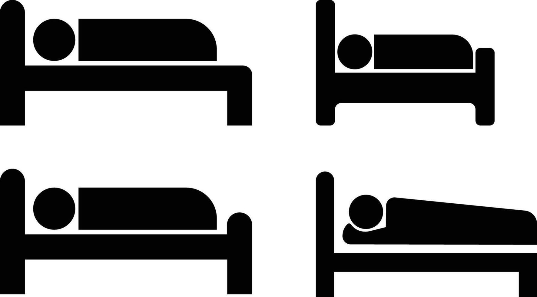 dormido hombre en cama icono en plano colocar. aislado en hombre acostado en cama teniendo un sueño concepto modelo. símbolo alojamiento para hotel, Albergue, motel. vector para aplicaciones sitio web