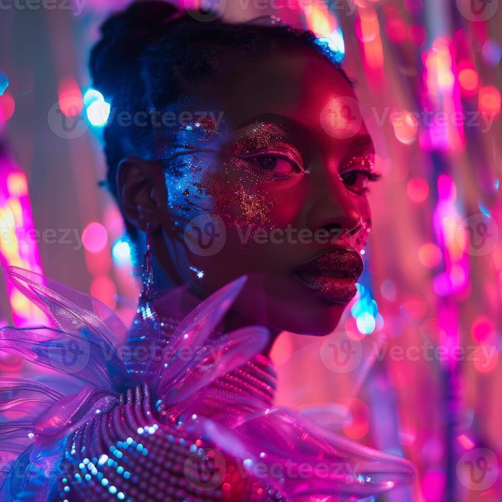 AI generated A woman dressed in vibrant shades of purple and pink, exuding a mystical aura with her unique outfit. photo