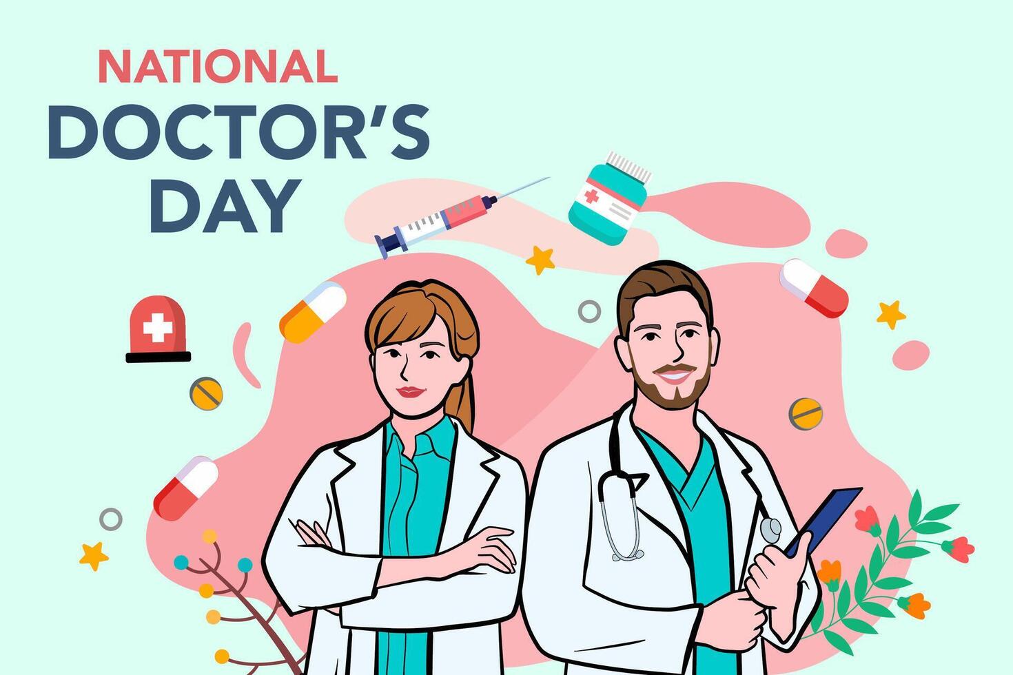 Vector banner of National Doctors Day. International holiday, congratulations.