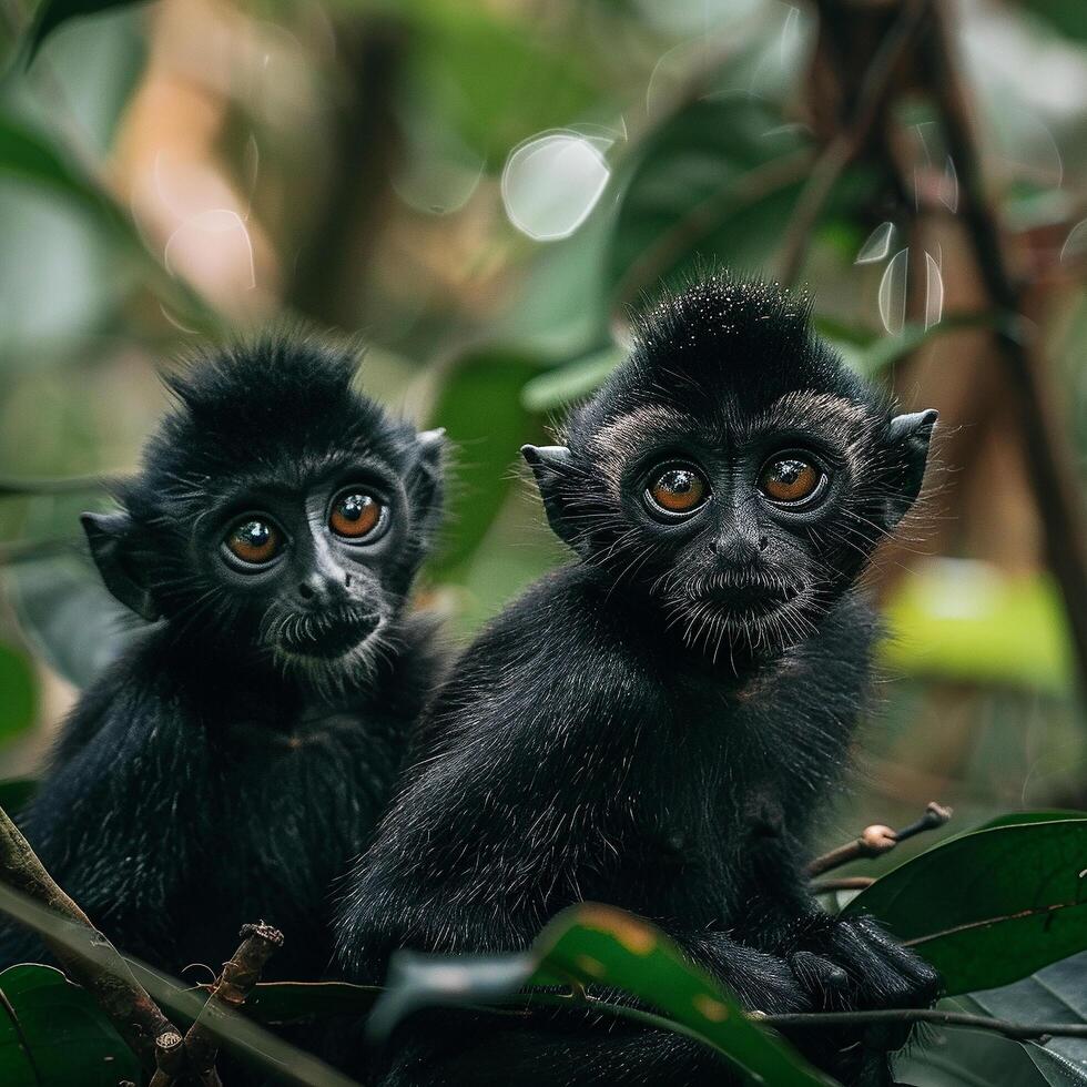 AI generated Francois' langur monkeys with striking orange eyes peering out from their lush green habitat photo