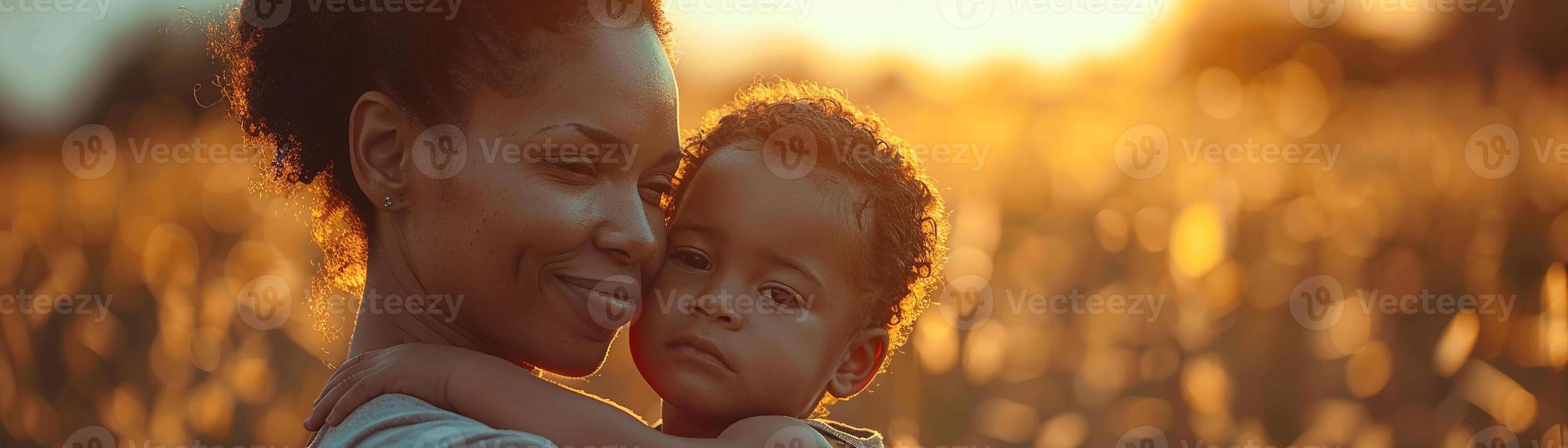 AI generated A tender moment captured between a mother and her young child in the warm glow of sunset in a field photo