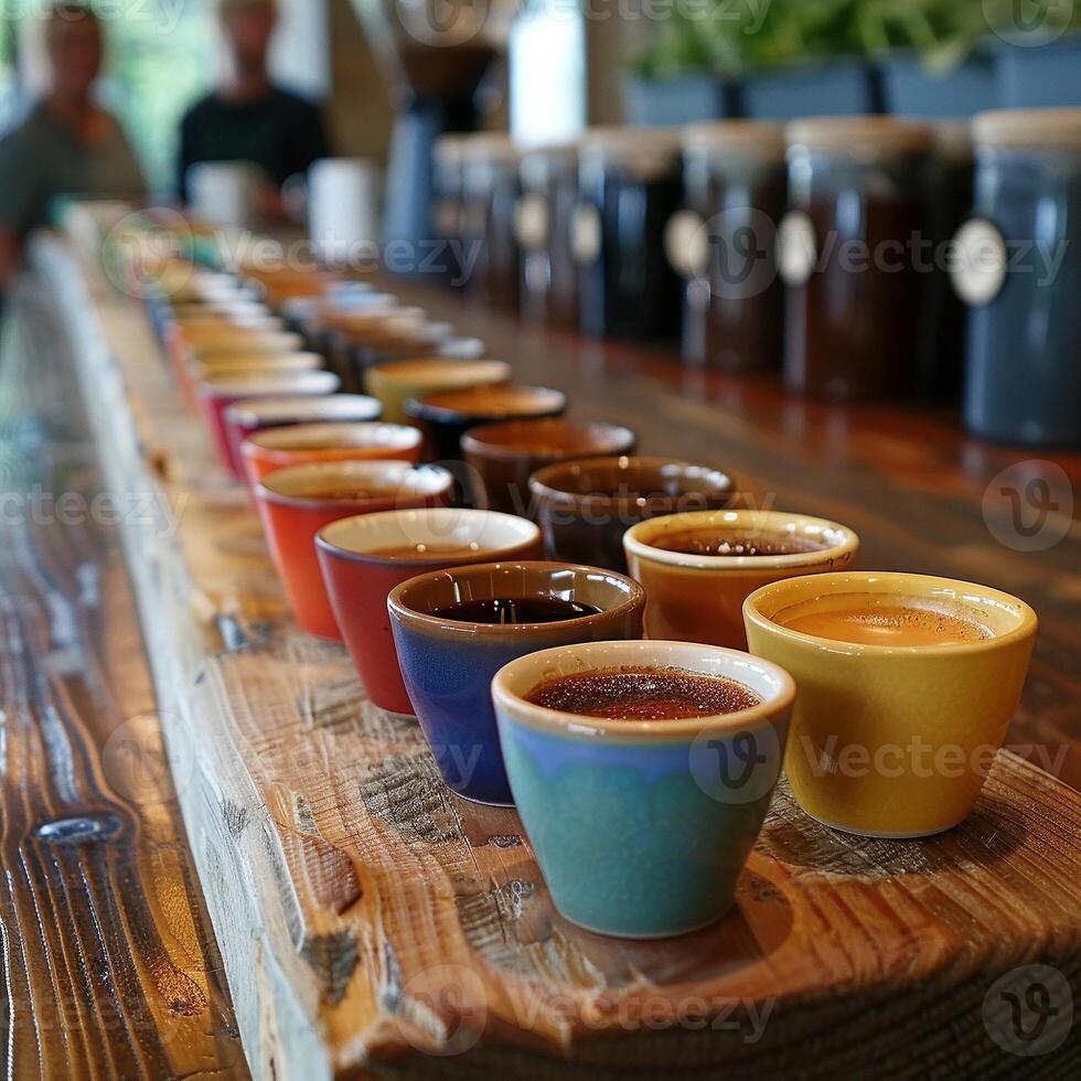 AI generated A diverse selection of coffee cups lined up for a tasting event at a rustic wooden coffee bar photo