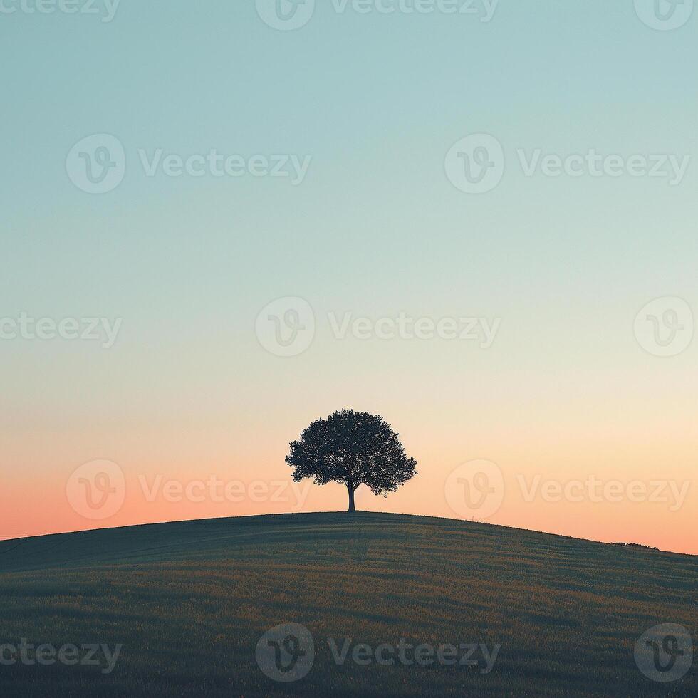 AI generated Tree stands atop a soft, rolling hill, presenting a minimalist landscape under a clear sky photo