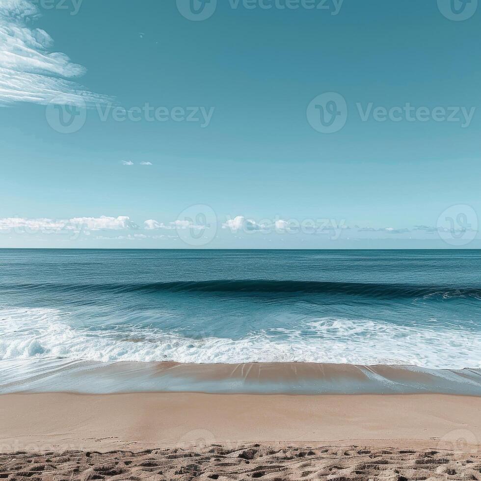 AI generated Clear blue skies over a peaceful beach with gentle waves washing onto the sandy shore, invoking a sense of calm photo