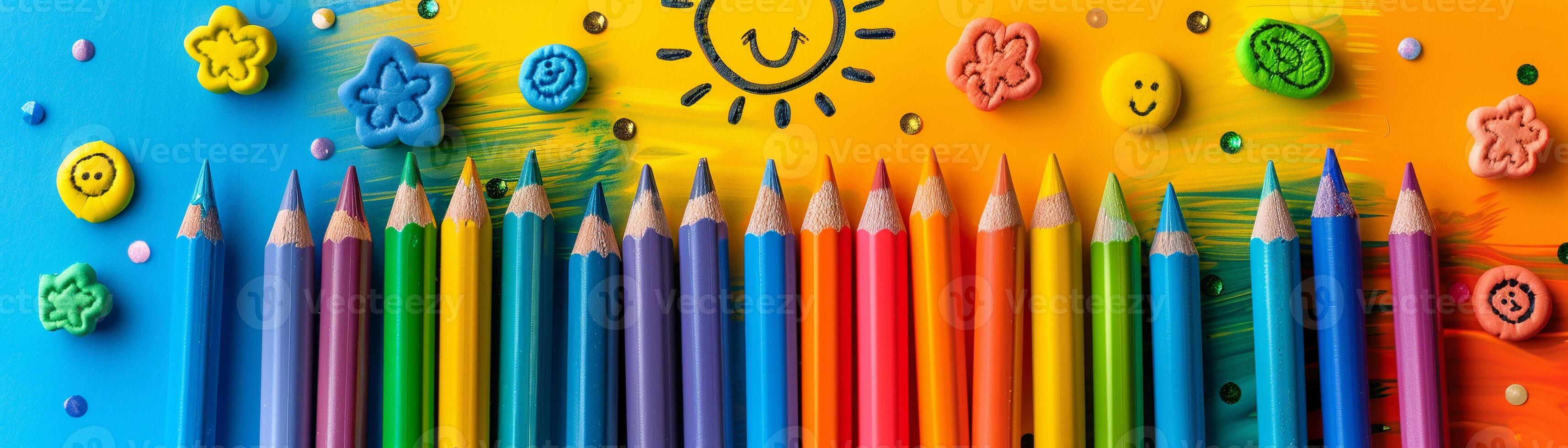 AI generated Vibrant display of colored pencils and whimsical erasers arranged on a vivid blue and yellow background, evoking creativity and playfulness photo