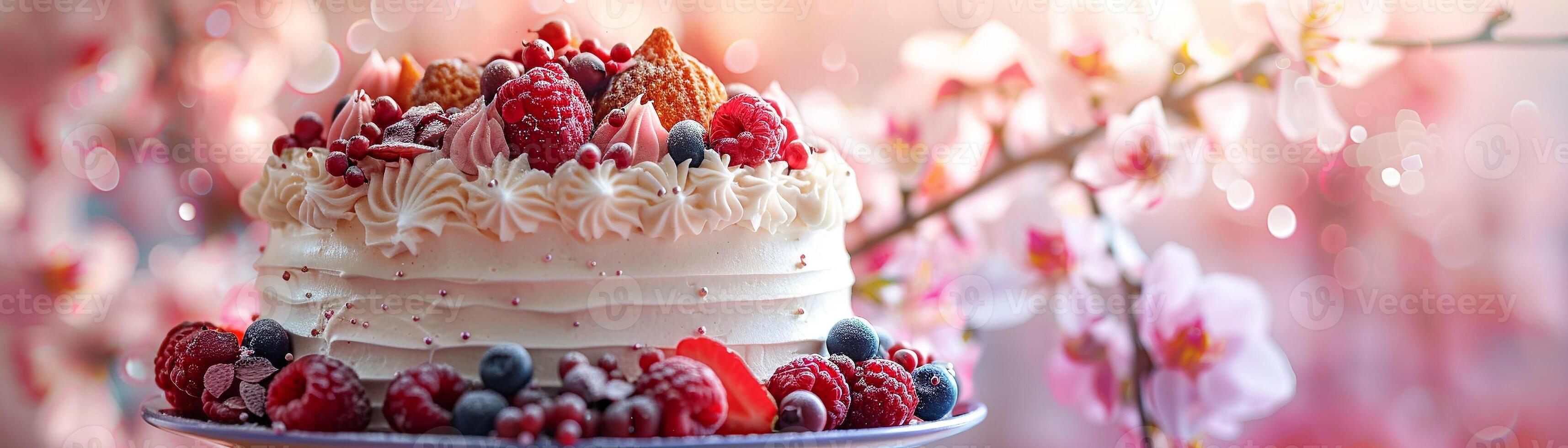 AI generated A decadent fruit-topped cake with a variety of berries and light frosting photo