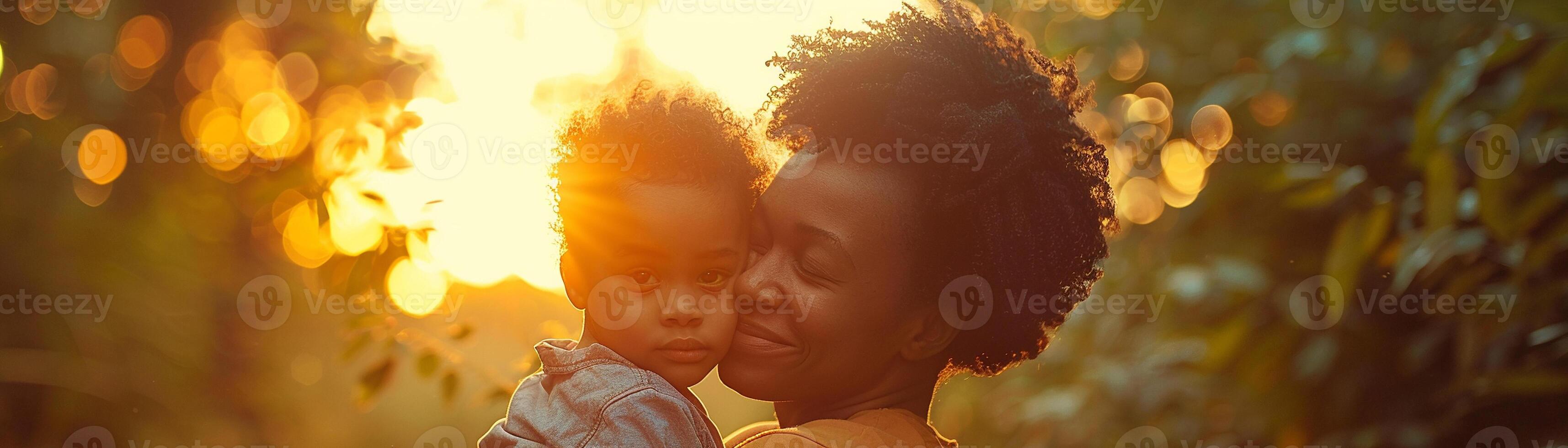 AI generated A tender moment captured between a mother and her young child in the warm glow of sunset in a field photo