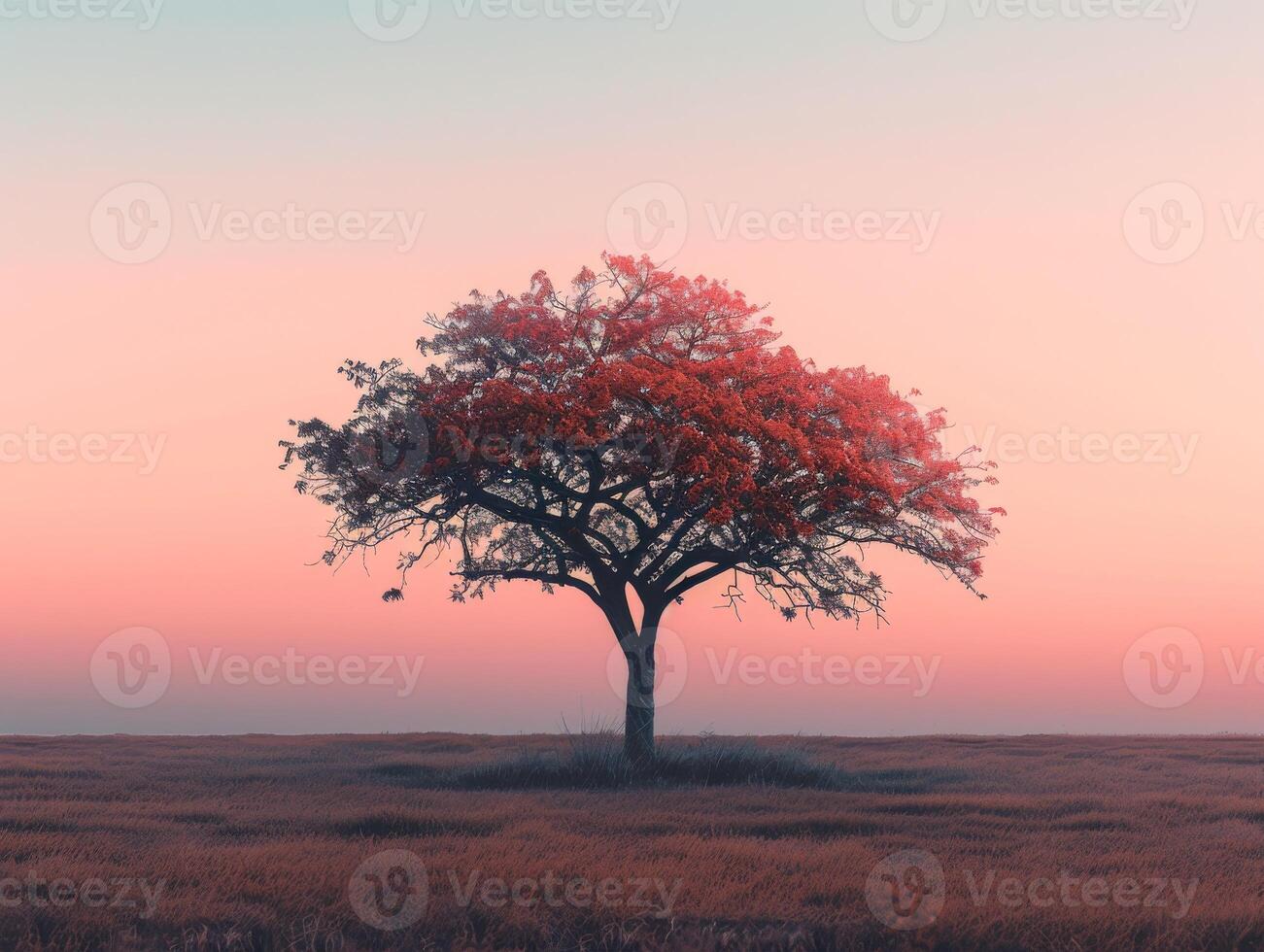 AI generated Solitary Tree in Serene Sunset Landscape photo