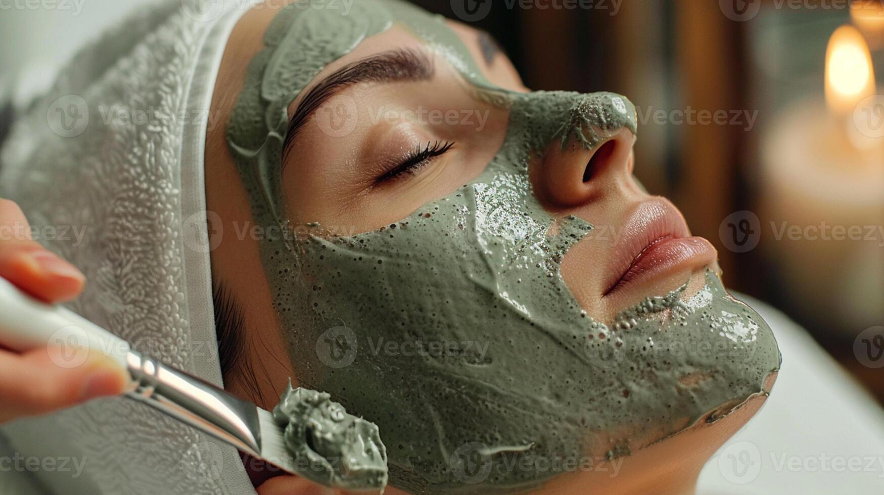 AI generated Happy beautiful young woman lying down with facial mask treatment in beauty and spa salon. photo