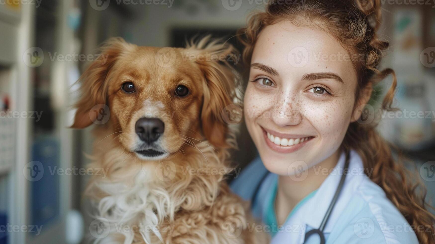 ai generado retrato de contento hembra veterinario tomando cuidado de perro a recepción en veterinario clínica foto