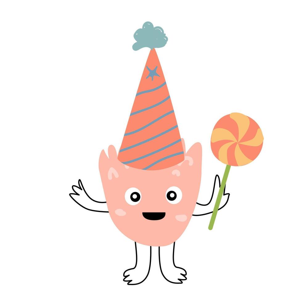 cute monster with lollipop in bitrhday cap vector