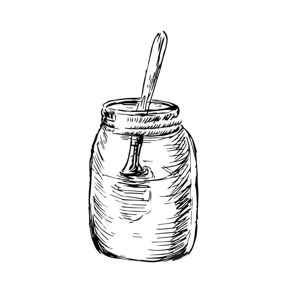 Hand drawn sketch of honey jar with spoon vector