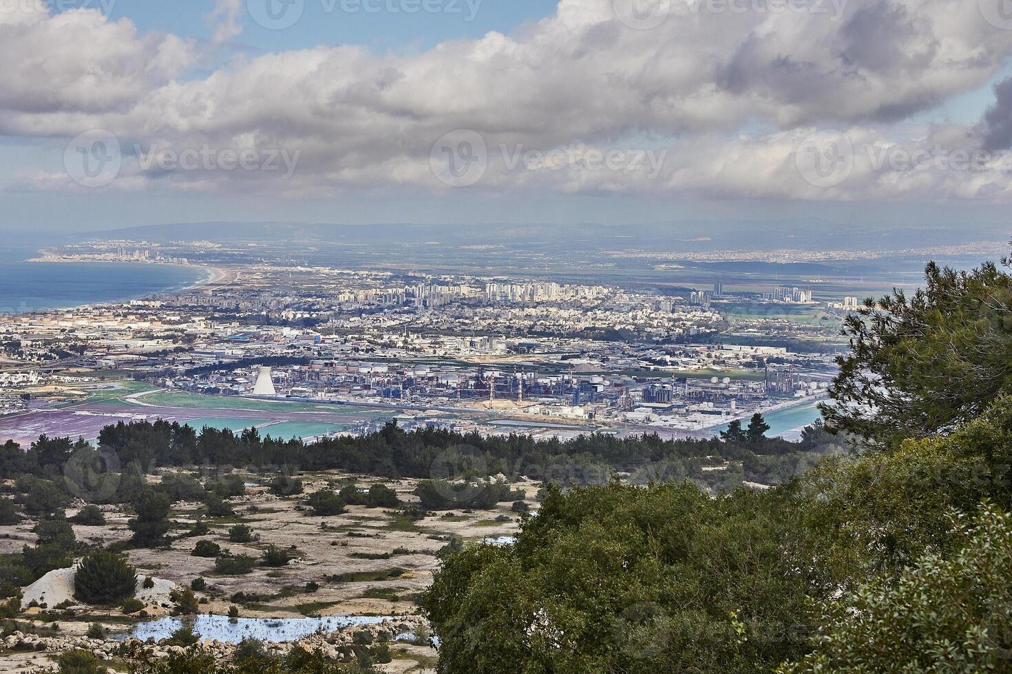 Breathtaking panoramic view of haifa from mount carmel, including sea port and residential areas photo