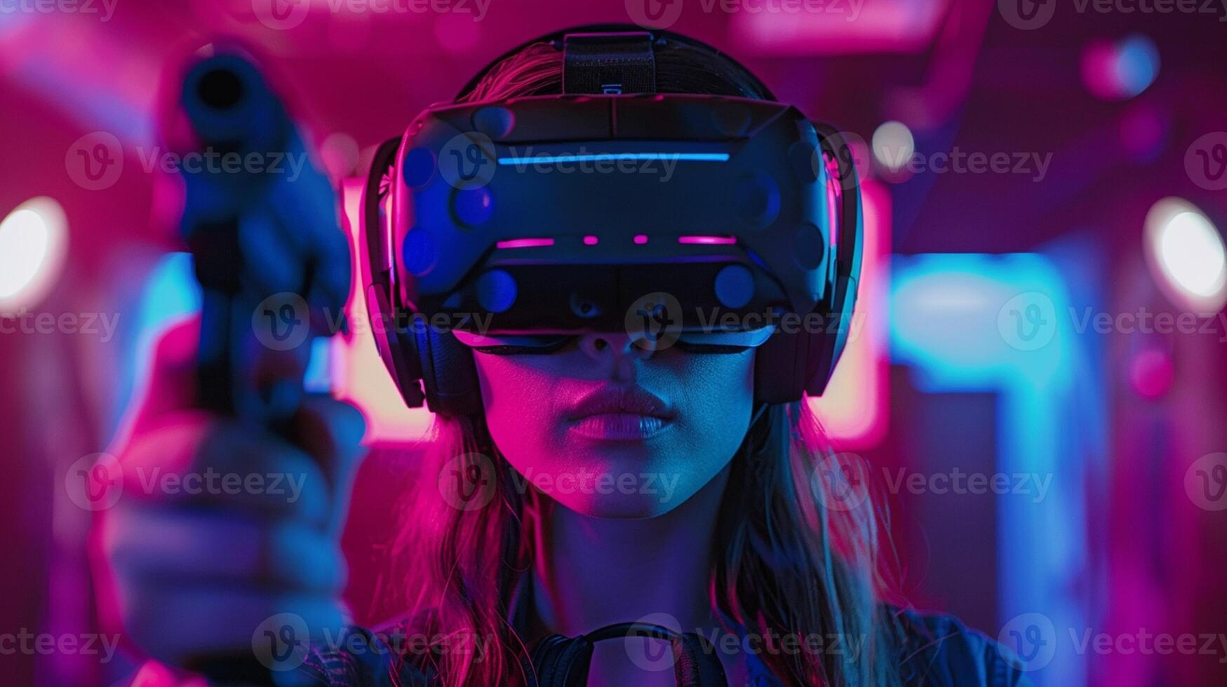 AI generated A girl wears a VR headset and plays a shooting game in a virtual reality room. photo