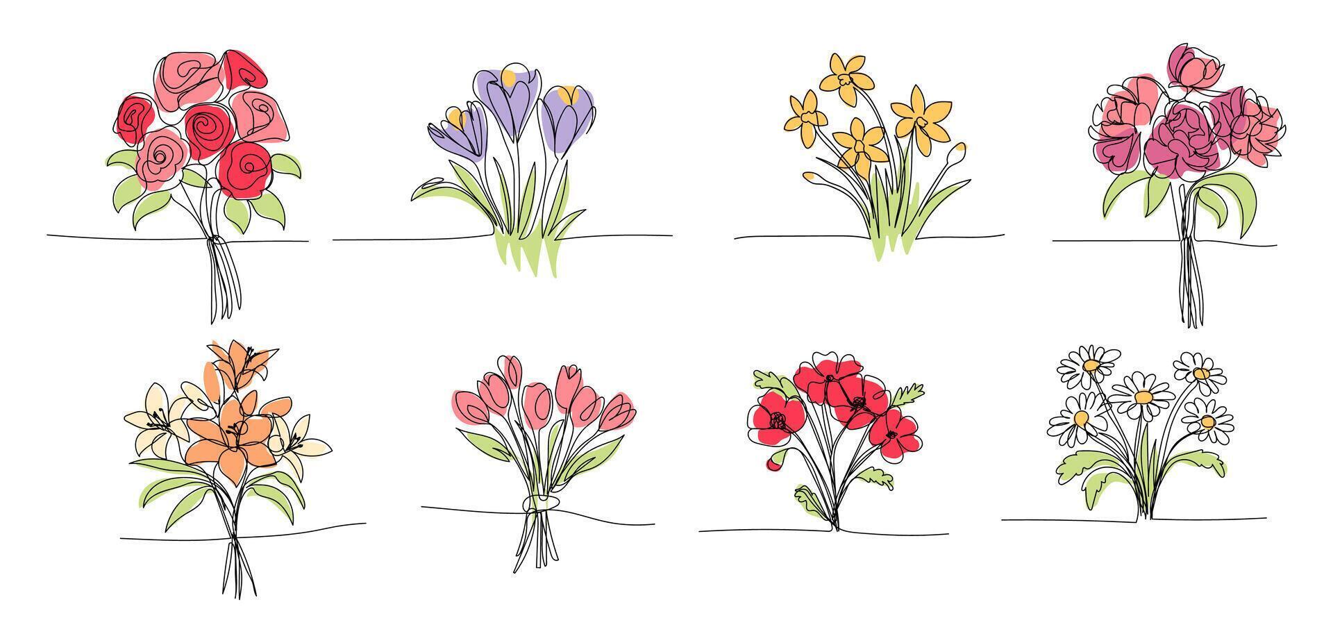 Set of bouquet of flowers lineart single line, clip art, roses, tulips, crocus, daisy, daffodil. vector illustration for postcards, design, One continuous line drawing