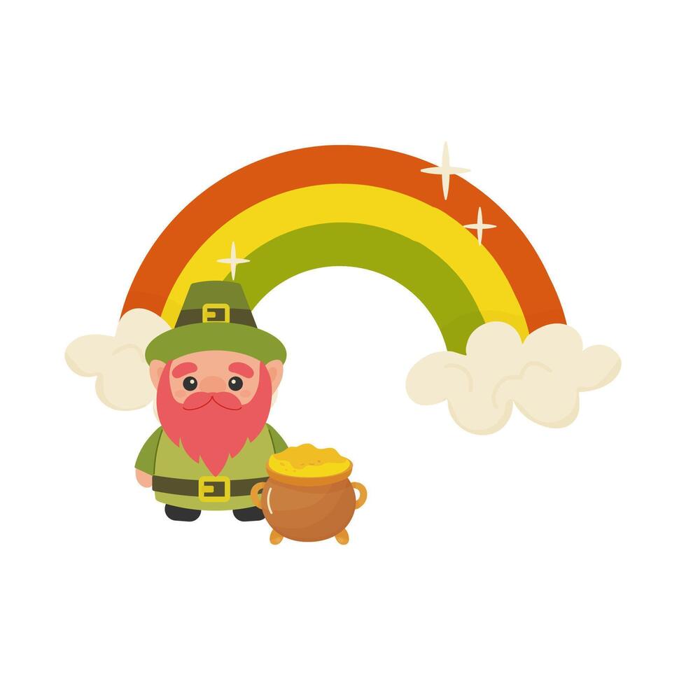 S t patrick's día, linda duende con maceta de oro en arco iris fondo, . vector ilustración en blanco antecedentes para saludo tarjeta, camiseta, vestir,