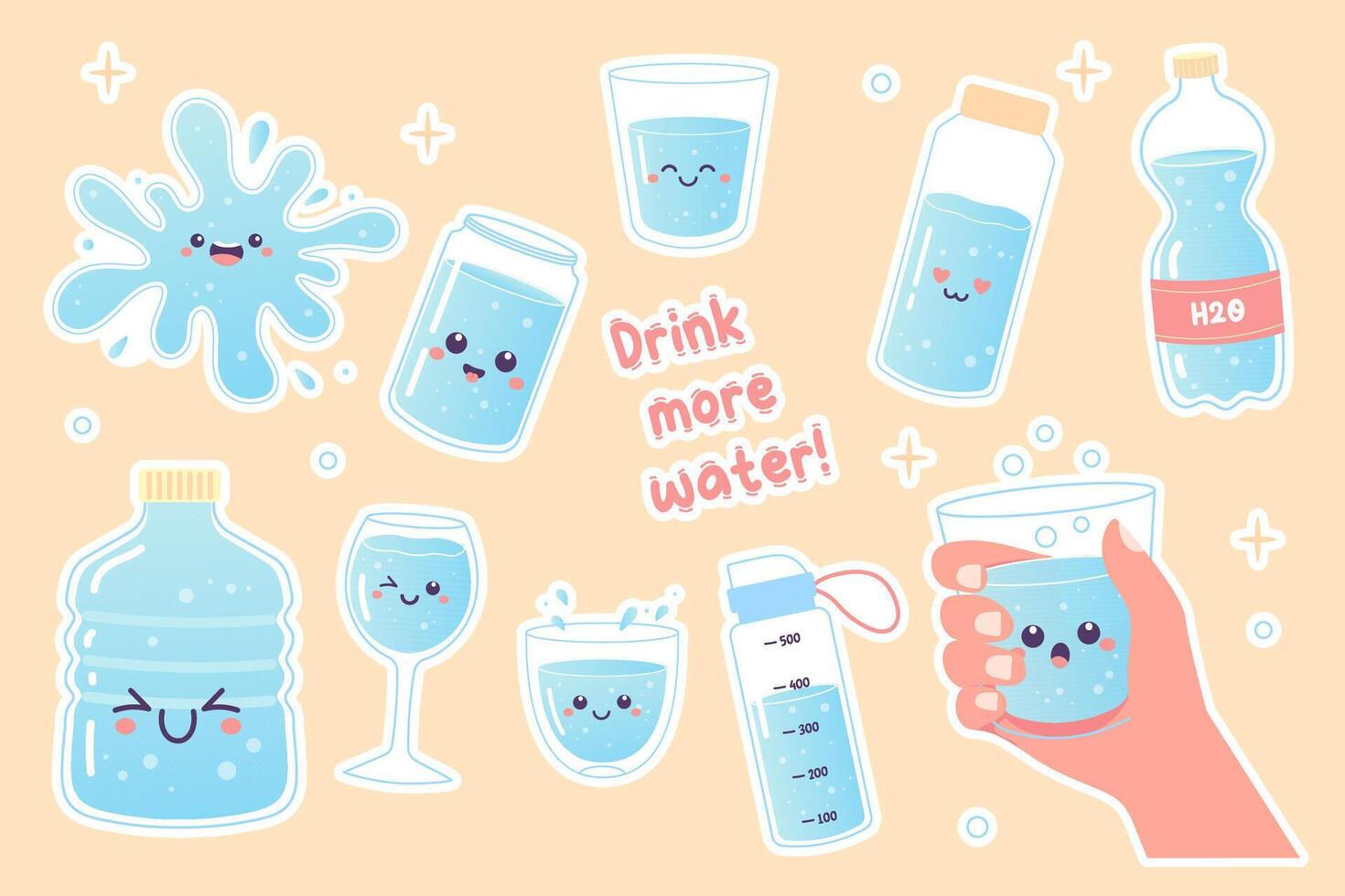 Drink more water set h2o vector illustration, glass, sticker set bottle, sports bottle.