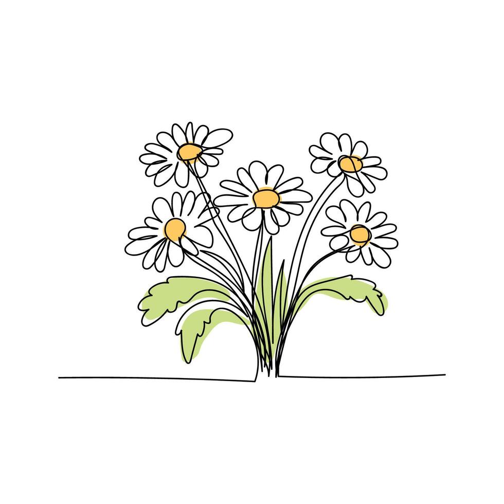 line art, bouquet of flowers daisy spring and summer, drawing with one line. vector illustration white background