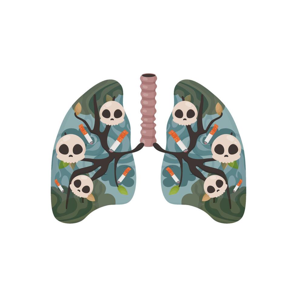 smoker's lungs, no tobacco day, giving up bad habits . lungs with green and with cigarette skulls vector