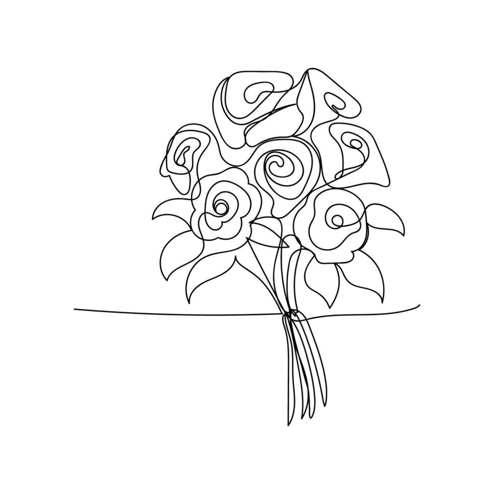 line art, bouquet of flowers roses spring and summer, drawing with one line. vector illustration white background