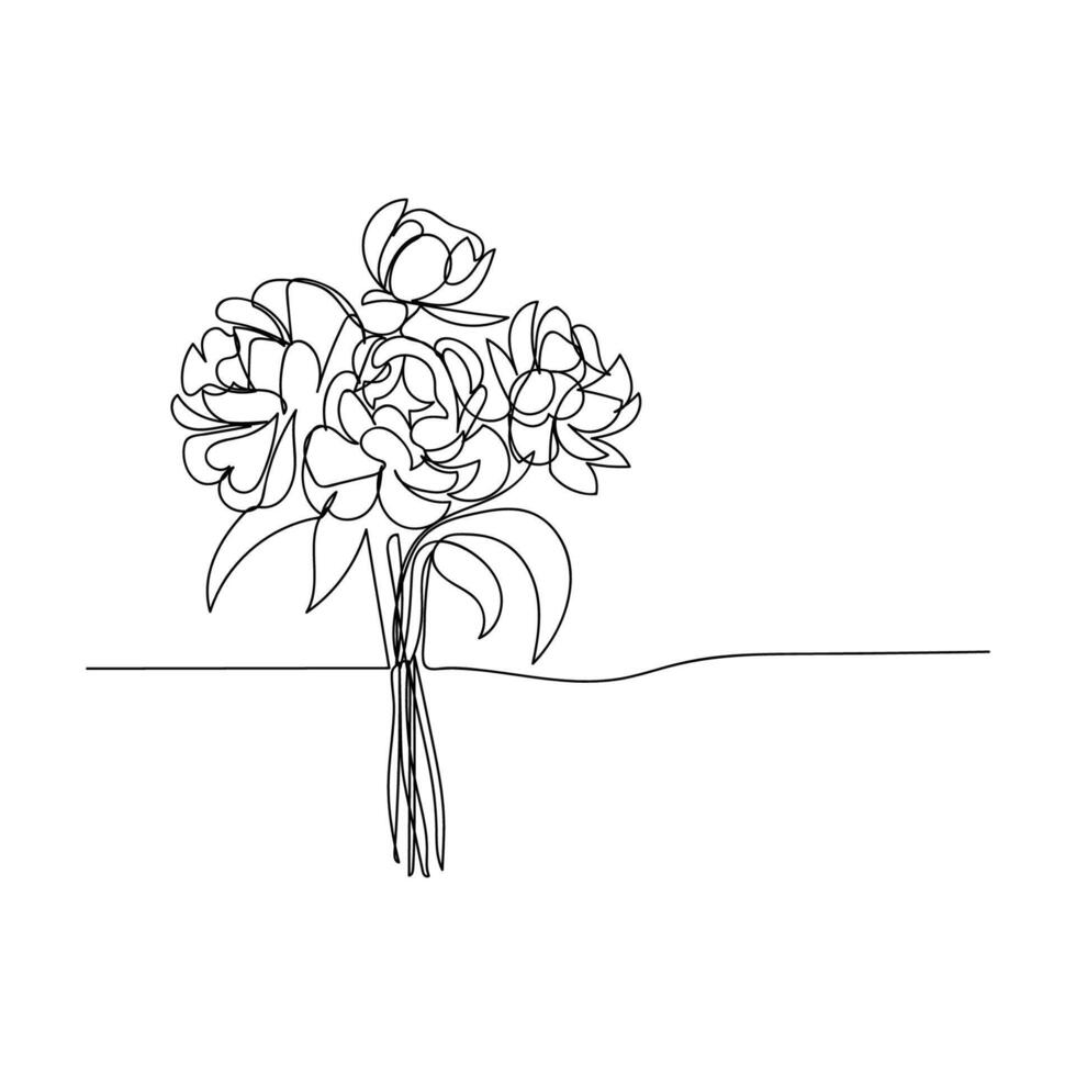 line art, bouquet of flowers peonies spring and summer, drawing with one line. vector illustration white background