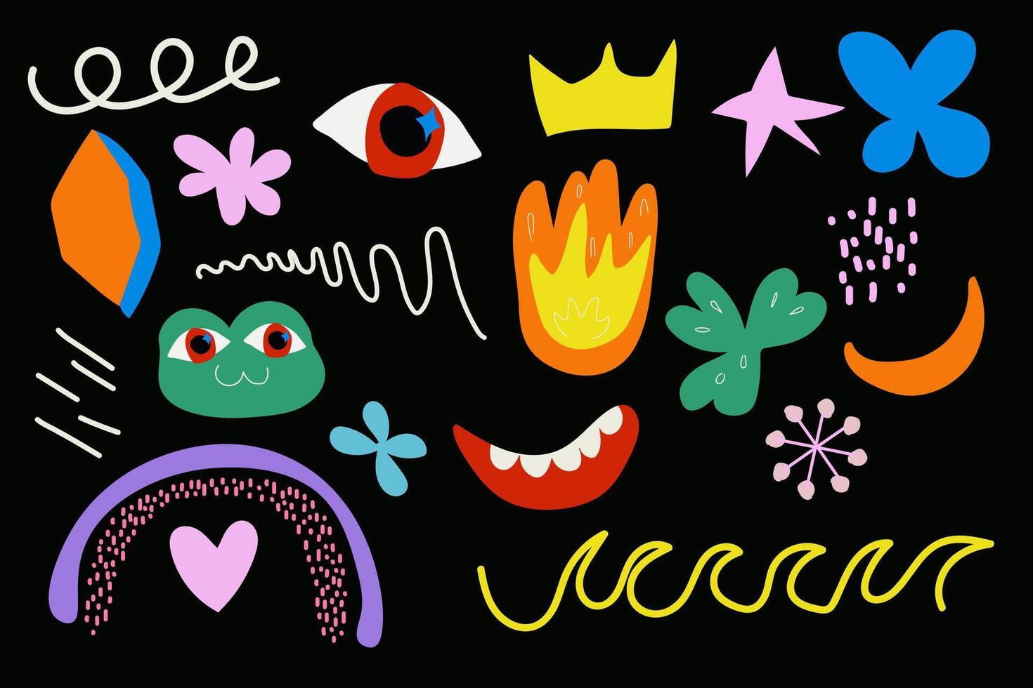 children's naive objects, shapes, geometric, eye, toad, rainbow, characters, multicolored for design cards, posters, banners vector