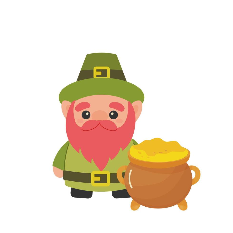 St. patrick's day, cute leprechaun with a pot of gold, . vector illustration on white background