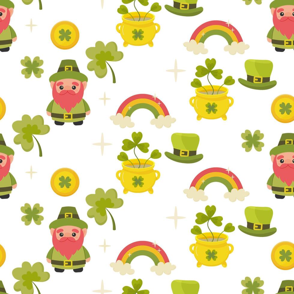 St patricks day seamless pattern, clover, gnome leprechaun, coins, rainbow. vector illustration