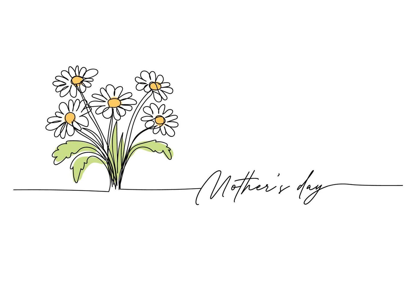 Mothers day, daisies line art drawing, one continuous line drawing. for postcard design. vector