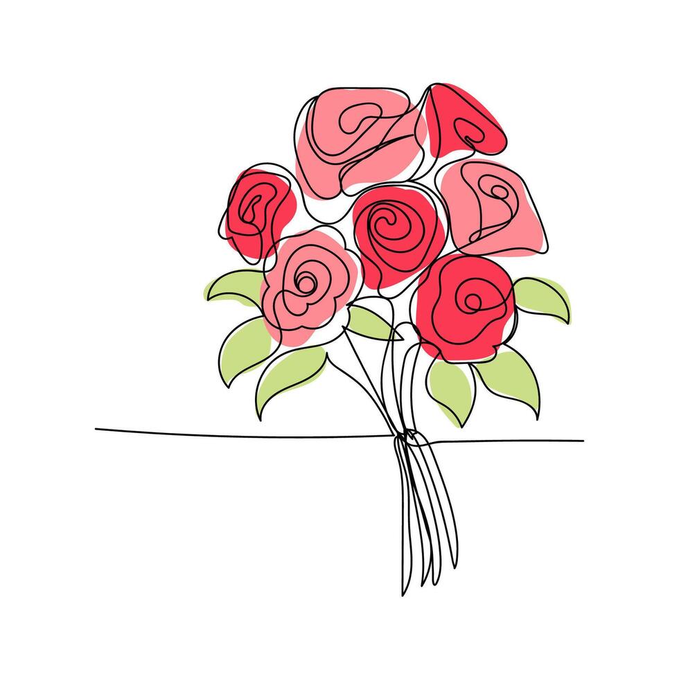 line art, bouquet of flowers roses spring and summer, drawing with one line. vector illustration white background