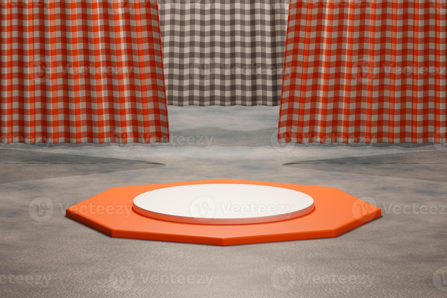 White and orange circular podiums in the stage room.Luxury White and orange circular podium with summer orange wall backdrop.3D rendering photo
