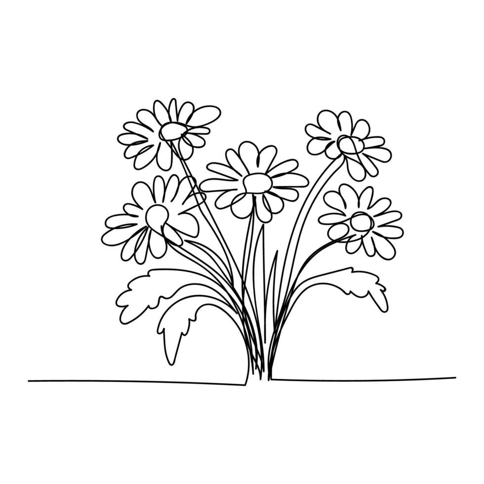 line art, bouquet of flowers daisy spring and summer, drawing with one line. vector illustration white background