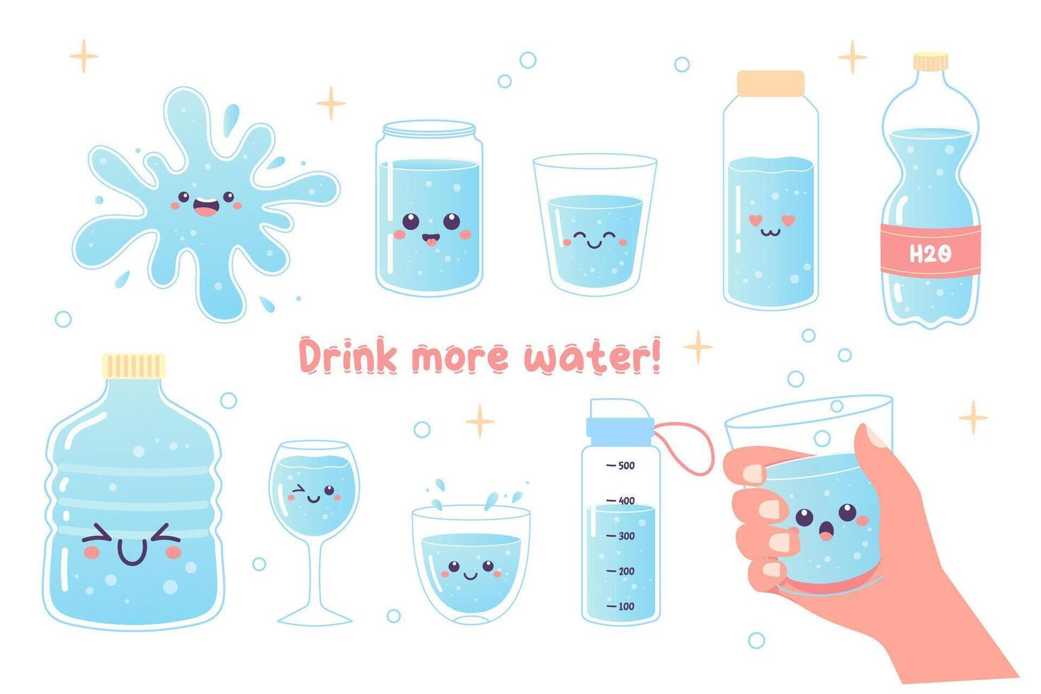 Drink more water set h2o vector illustration, glass, bottle, sports bottle.