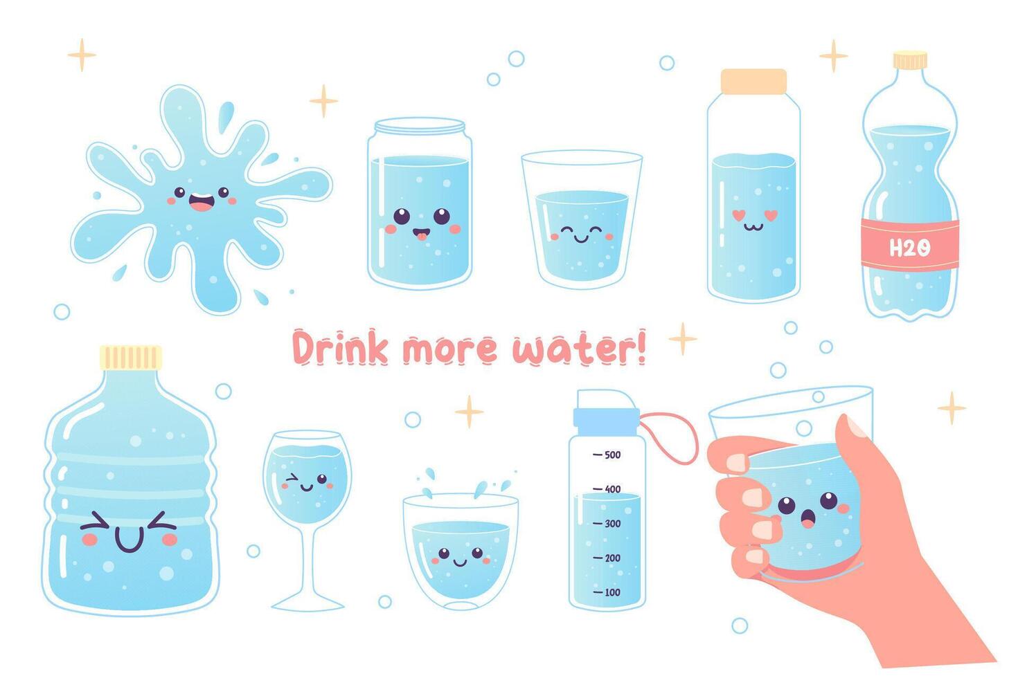 bebida más agua conjunto H2O vector ilustración, vaso, botella, Deportes botella.