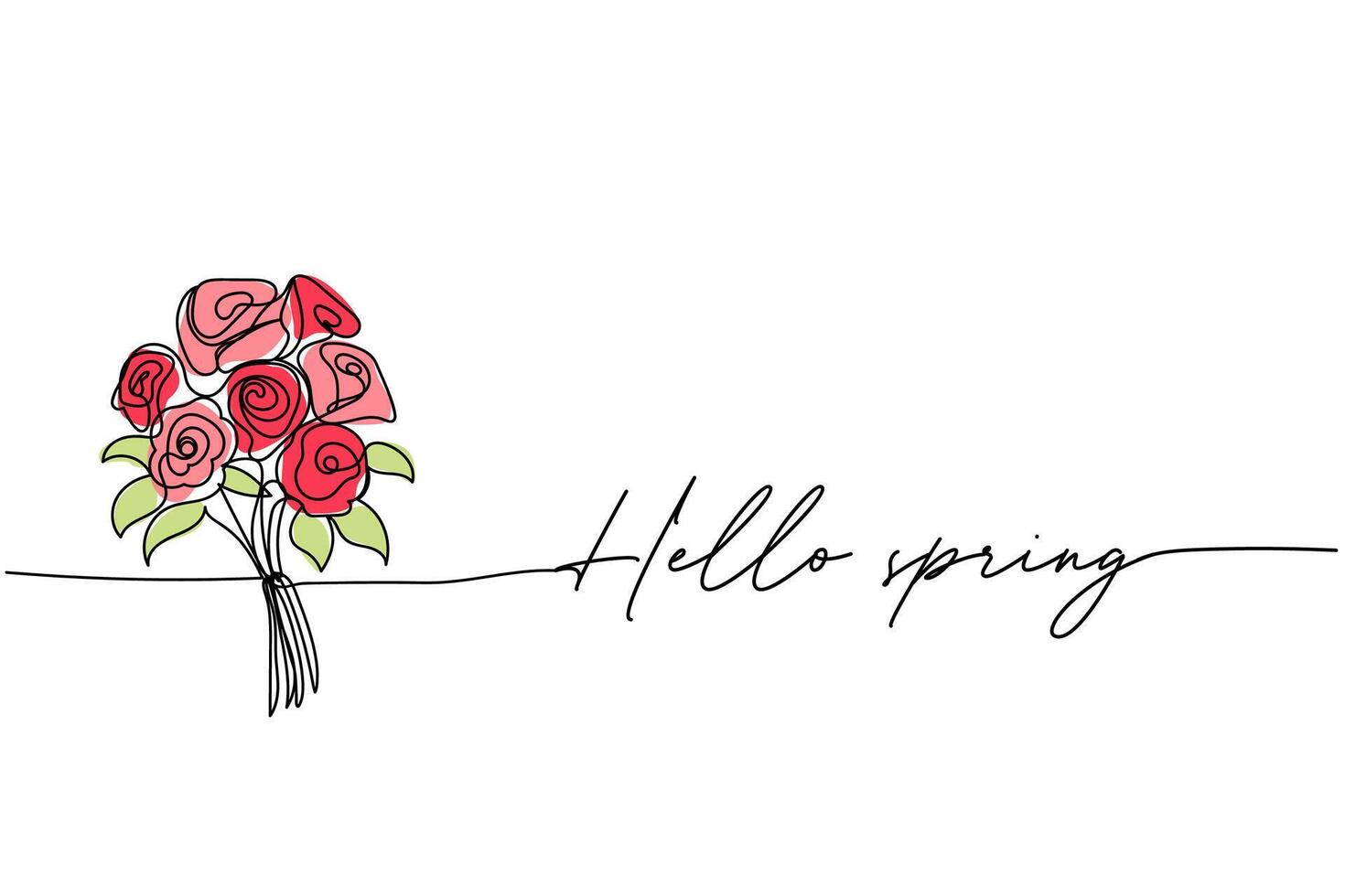 Hola primavera, ramo de flores de rosas línea Arte dibujo, uno continuo línea dibujo. para tarjeta postal diseño vector