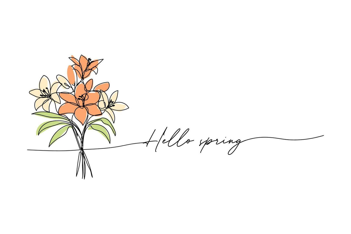 Hola primavera, ramo de flores de lirio línea Arte dibujo, uno continuo línea dibujo y texto. para tarjeta postal diseño vector