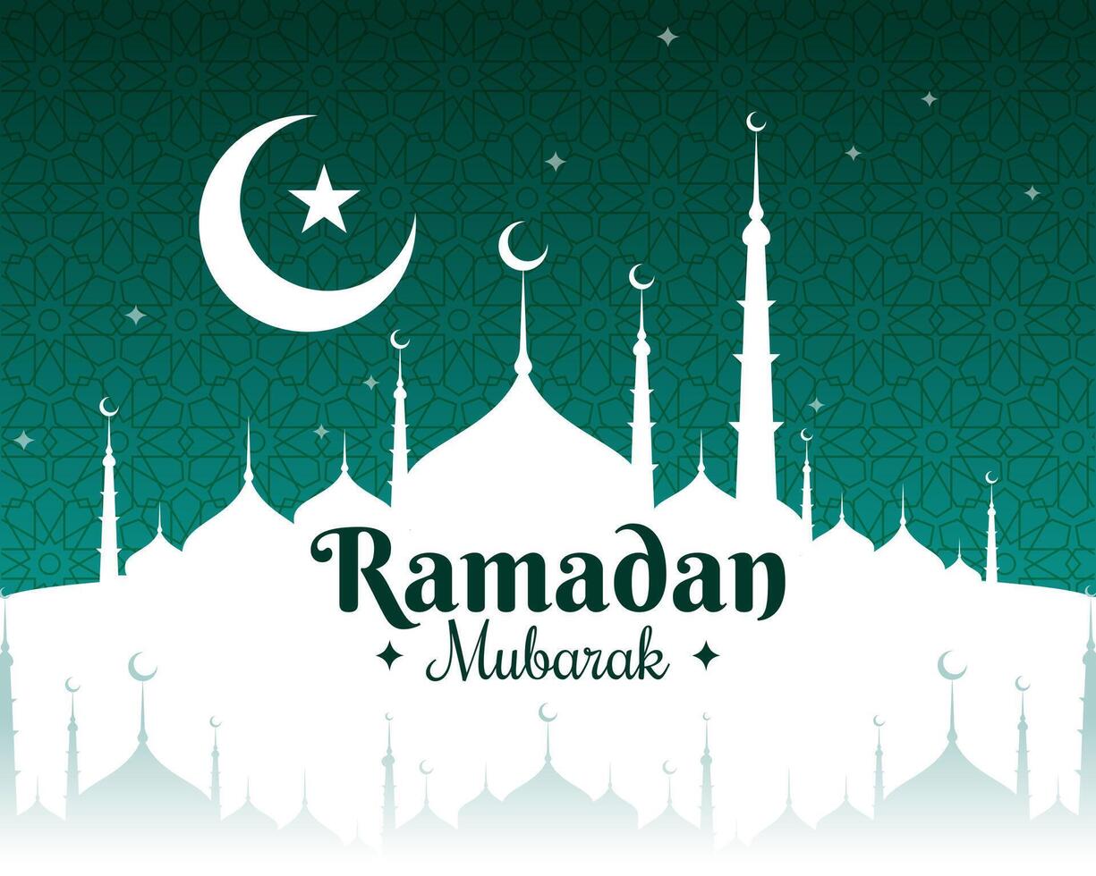 ramzan mubarak greeting with islamic mosque structure and eid moon vector