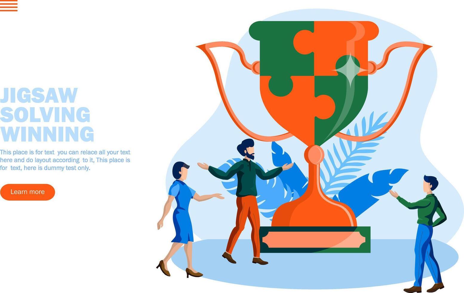 winning strategy with jigsaw trophy and team conversation concept vector illustration
