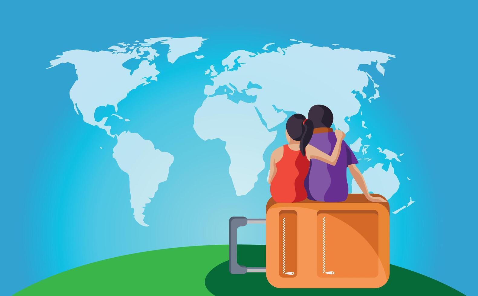 travelling couple sitting on bag and looking world map, holiday vector