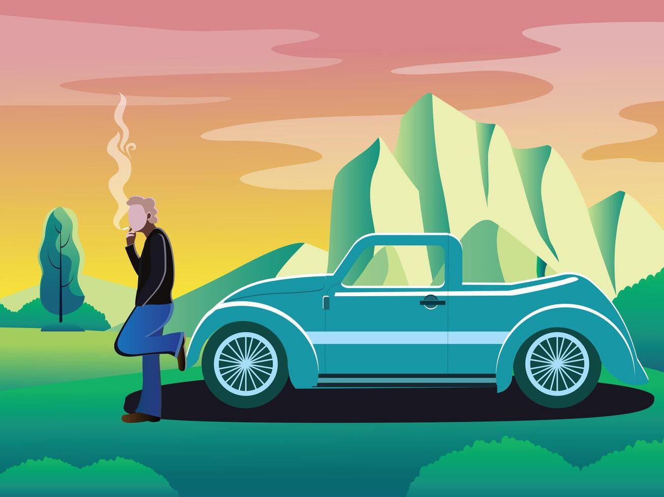 de fumar hombre y coche montaña vector ilustración