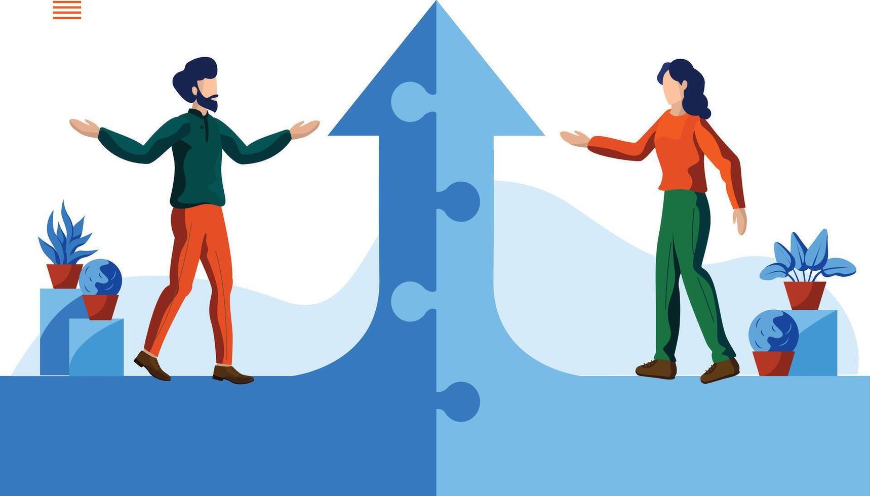 problem solving with jigsaw and making way , two people conversation concept vector illustration