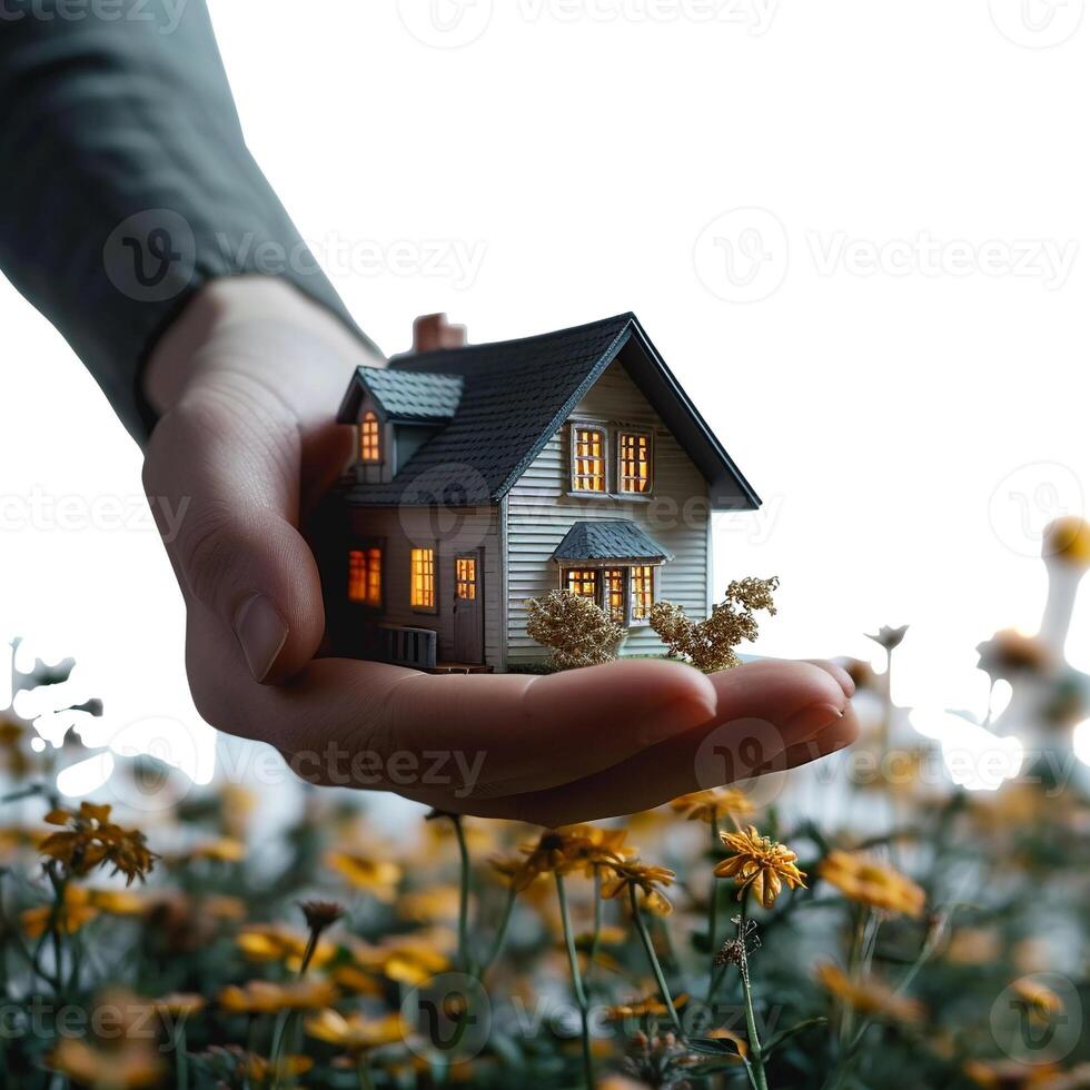 AI generated Hand holding model house for buy real estate concept photo